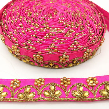 Fuchsia Silk Fabric Lace Trim Floral Embroidery & Indian Stones Kundan Embellishment, Decorative Sari Trim, Floral Border Trim By Yard